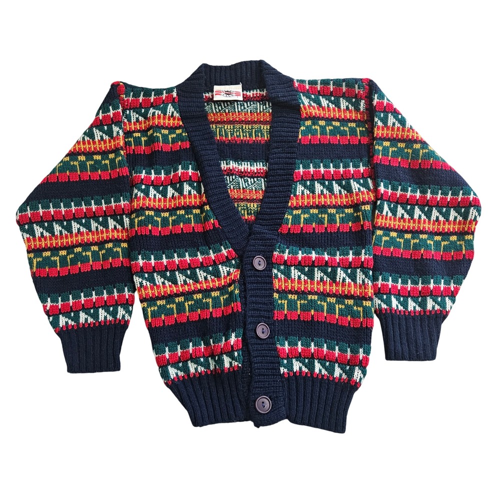 Vintage 90s Cadet Club USA Knit Cardigan Boys 7 Retro Preppy Cozy Geometric